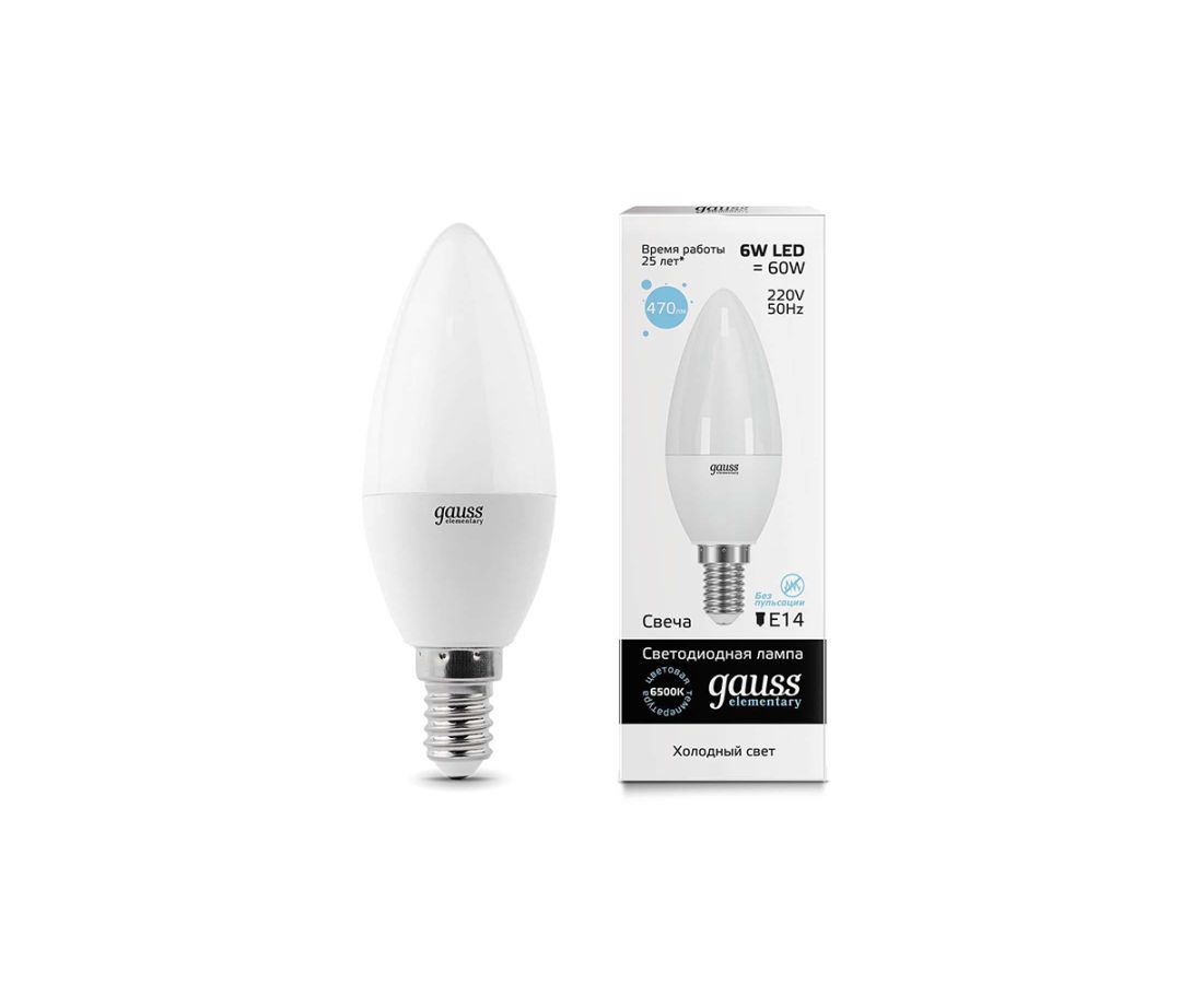 ლედ ნათურა Candle 6W E14 6500K gauss el  - 33136 — ნათურა და ვაზნა
